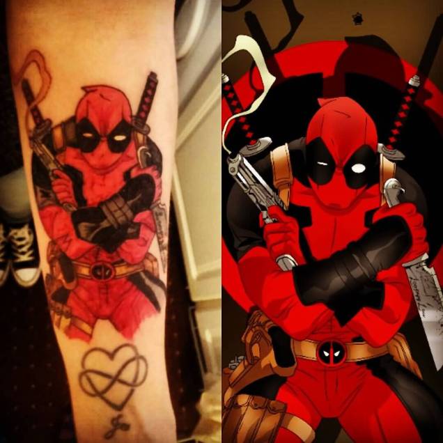 Red And Black Ink Deadpool With Gun Tattoo