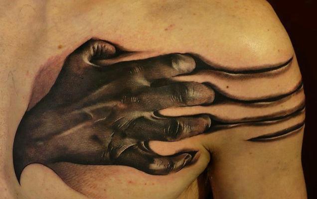 Black Ink 3D Hand Ripped Men Chest Tattoo