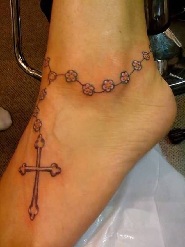 Grey Ink 3d Rosary Cross Chain Tattoo On Girl Ankle