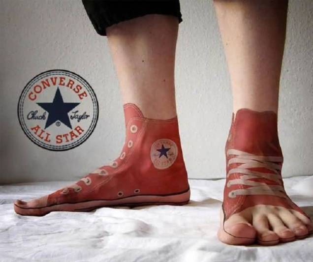 Red Ink 3D Converse Shoe Tattoo Made On Both Foot