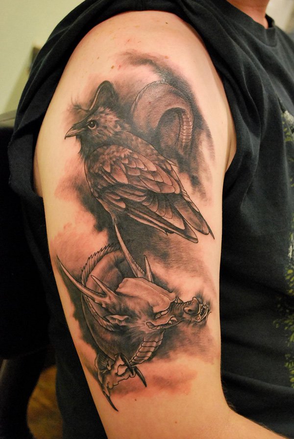 3D Grey Ink Raven Bird And Dragon Tattoo On Men Sleeve