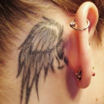 Black Ink Small Angel Wing Tattoo Behing Ear
