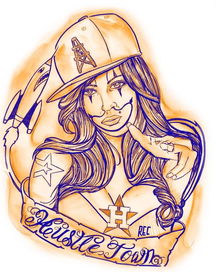 Blue And Orange Ink Nice Hustle Town Gangsta  Girl  Tattoo  