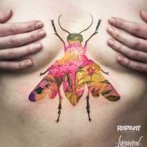 Colorful Bug Tattoo On Girl Front Body