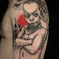 Cool Black Ink African Kid Tattoo On Shoulder