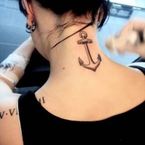 Grey Ink Anchor Tattoo For Girl Nape