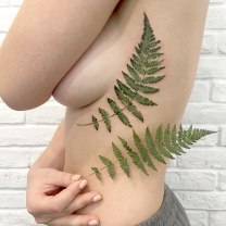 Real Leaf Tattoo On Girl Ribs